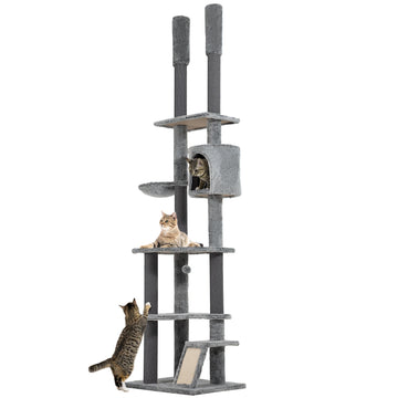 225-255cm Floor to Ceiling Cat Tree, Large Cat Tower w/ Cat Scratching Posts, Ramp, Cat House