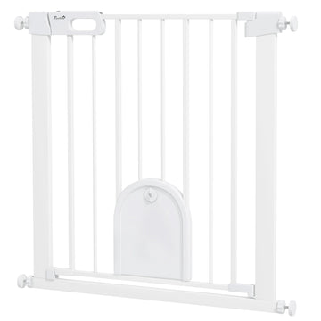 75-82cm Pet Safet Gaye, Pressure Fit Stair, with Cat Flap, Double Locking, White