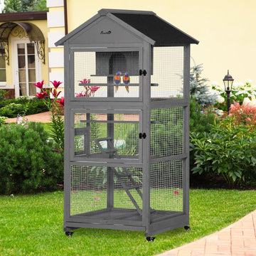 Bird Cage budgie cage Wooden Outdoor Aviary with Wheels for Canary Finch with Asphalt Roof Perch Nest Ladder Slide-out Tray, Grey
