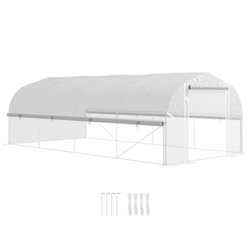 6 x 3 x 2m Walk-in Polytunnel Greenhouse, Zipped Roll Up Sidewalls, Mesh Door, 8 Mesh Windows, Tunnel Warm House Tent with PE Cover, Complimentary Plant Labels and Gloves, White
