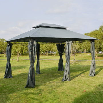 4m x 3(m)Garden Gazebo, Double Roof Outdoor Gazebo Canopy Shelter with Curtains, Solid Steel Frame for Lawn and Deck, Grey