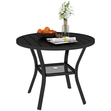 90 cm Garden Dining Table with 4-5 cm Parasol Hole, Round Outdoor Dining Table, Steel Garden Table with Slatted Metal Top and Wire Shelf for Balcony, Porch, Black