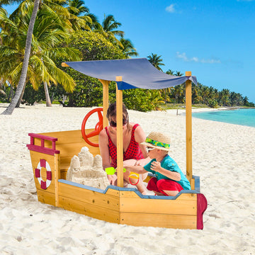 Kids Wooden Sand Pit Children Sandbox Pirate Ship Sandboat Play Station for Outdoor w/ Canopy Shade Storage Bench Bottom Liner