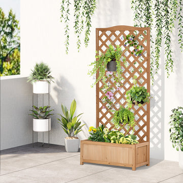 53L Garden Wooden Planter Box with Trellis Free Standing Flower Raised Bed with Lattice for Climbing Plants, 76cm x 36cm x 170cm, Brown