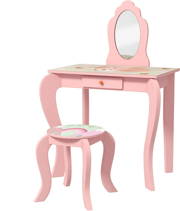 Kids Dressing Table with Mirror, Stool, Drawer, Cute Animal Design - Pink