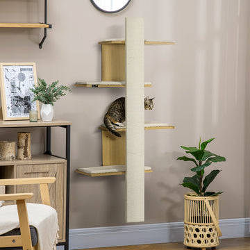 Four-Layer Wall-Mounted Shelf, with Cushions, Scratching Board - Oak Tone