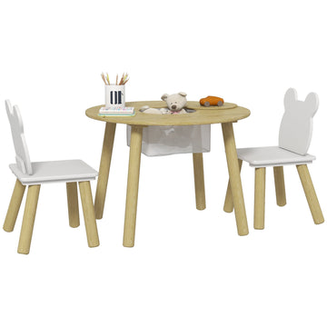 3-Piece Kids Activity Table Set with Centre Mesh Bag, Bear-Shaped Backrest, for Arts and Crafts, Reading, Dining