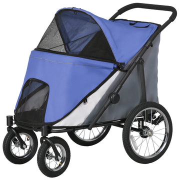 Foldable Pet Stroller, with Washable Cushion, Storage Bags, Safety Leash, for Medium, Large Dogs, Cats - Blue