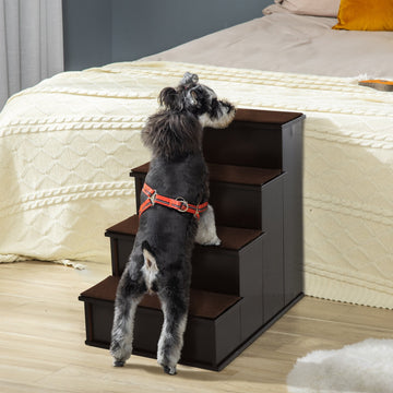 4 Step Wooden Dog Steps Pet Stairs for Dogs, Cat Ladder for Bed Couch with Non-Slip Carpet 40 x 59 x 54.2 cm, Dark brown