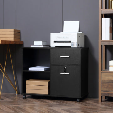 Filing Cabinet with Wheels, Mobile Printer Stand with Open Shelves and Lockable Drawer for A4 Size Documents, Black