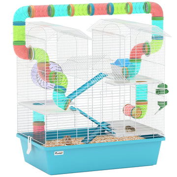 4 Tier Hamster Cage w/ Tubes, Exercise Wheel, Hut, Water Bottle, Food Dish, Ramps, for Dwarf Hamster, Light Blue