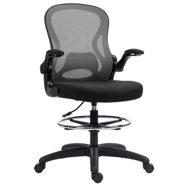 Adjustable Mesh Standing Desk Chair with Flip-up Armrests Lumbar Support Armrests Adjustable Footrest Ring, Dark Grey