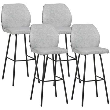 Bar Stools Set of 4, Linen-Touch Upholstered Bar Chairs, Kitchen Stools with Backs and Steel Legs for Dining Room, Light Grey