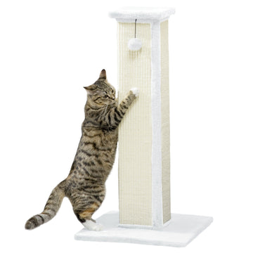 81cm Cat Scratcher, Vertical Full Scratcher w/ Natural Sisal Rope, Hanging Ball, Soft Plush - White