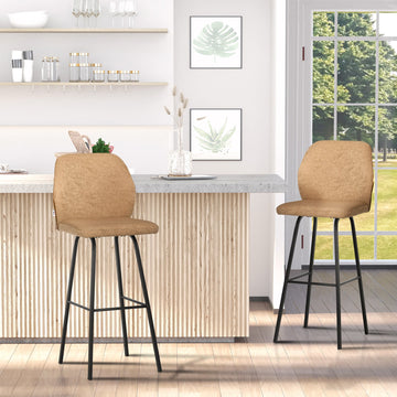 Bar Stools Set of 2, Linen-Touch Upholstered Bar Chairs, Kitchen Stools with Backs and Steel Legs for Dining Room, Light Brown