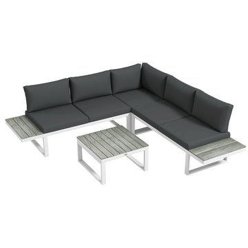 4 Pieces Garden Furniture Set, 5-Level Reclining Garden Corner Sofa Set, Outdoor Lounge Conversation Sectional with Cushions, Wood Effect Plastic Table, White Frame & Grey Cushion