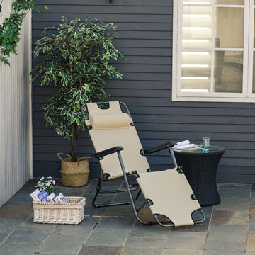 2 in 1 Sun Lounger Folding Reclining Chair Garden Outdoor Camping Adjustable Back with Pillow, Beige