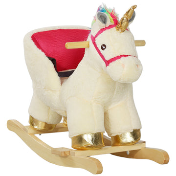 Kids Rocking Horse with Realistic Sounds, Safety Belt, Wooden Base, for Ages 18-36 Months, Cream White