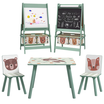 Kids Table and Chair Set and Kids Easel with Paper Roll, Storage Baskets, Kids Activity Furniture Set, Green