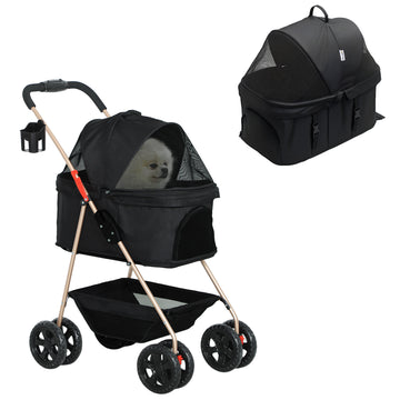 3 in 1 Pet Stroller, Folding 4 Wheels Dog Pram with Detachable Carrier for Mini Dogs Cats, Black