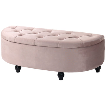 Semi-Circle Ottoman Storage Bench, Bed End Bench, Tufted Upholstered Window Seat Footrest Stool with Rubberwood Legs for Bedroom & Entryway, 120 x 46 x 42 cm, Pink