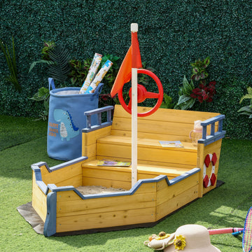 Sand pit Kids Children Sandpit Wooden Pirate Ship Sandboat Outdoor Backyard Playset w/Bench Bottom Liner