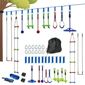 10 Piece Zip Line Kit for Kids with 10m Slackline, Monkey Bars, Swing, Climbing Ladder, Hanging Tray, Metal Rings