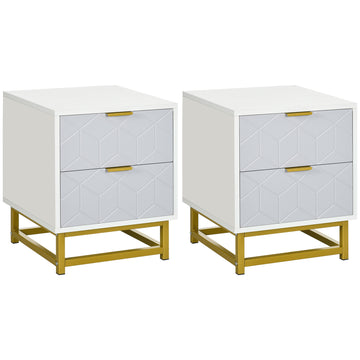 Bedside Table with 2 Drawers, Side Table, Bedside Cabinet with Steel Frame for Living Room, Bedroom, Set of 2, Grey and White