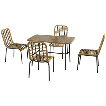 5 Pcs Rattan Outdoor Dining Set Patio Conservatory w/ Tempered Glass Tabletop Hollowed-out Design - Natural Wood Finish