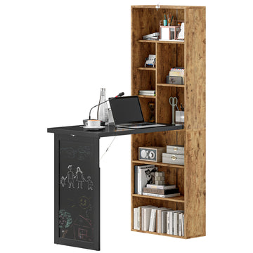 Folding Desk with Blackboard Multi-function Computer Office Workstation Side Shelf for Home Office, Rustic Brown