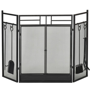 3 Panel Folding Fireplace Screen with 4 Tools Set, Steel Mesh Spark Guard with Double Door for Open Fire, Log Burner, 122W x 80H cm, Black