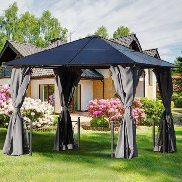 3 x 3(m) Hardtop Gazebo Canopy with Polycarbonate Roof, Steel & Aluminium Frame, Garden Pavilion with Mosquito Netting and Curtains, Black