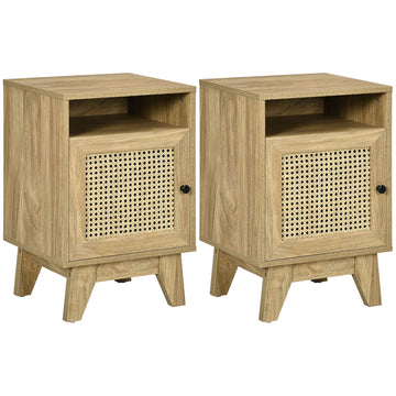 2-Piece Narrow Rattan Nightstands, Side End Table with Shelf and Cupboard, 39cm x 35cm x 60cm, Natural