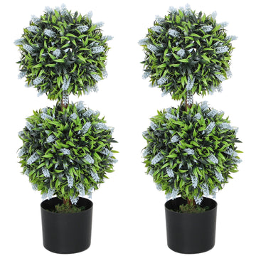 Set of 2 Decorative Artificial Plants Ball Trees with Lavender Flowers in Pot Fake Plants for Home Indoor Outdoor Decor, 70cm, Blue