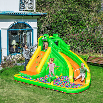 5 in 1 Kids Bouncy Castle Large Crocodile Style Inflatable House Slide Basket Water Pool Gun Climbing Wall with Blower Carrybag for Kids Age 3-8, 3.85 x 2.85 x 2.25m
