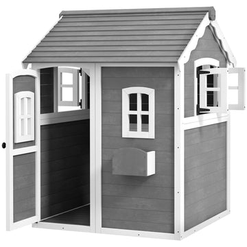 Wooden Playhouse for Kids with Doors, Windows, Plant Box, Floors, for Ages 3-8 Years, for Gardens, Lawns, Patios - Grey
