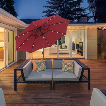 2.7m Patio Garden Umbrella Outdoor Parasol with Tilt Crank and 24 LEDs Lights (Red)