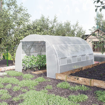 4 x 3 x 2 m Polytunnel Greenhouse with Roll-up Side Walls, Walk-in Grow House Tent with Steel Frame, Reinforced Cover, Zipped Door and 12 Mesh Windows for Garden, White