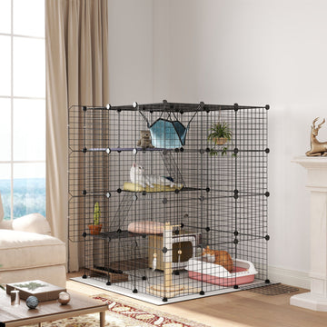 Steel Wire Cat Cage Indoor with Hammock, Ramps, Doors, DIY Cat Enclosure for 1-3 Cats, Black