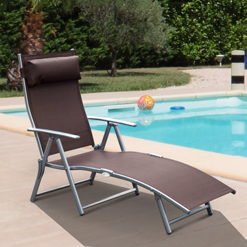 Sun Lounger Steel Frame Outdoor Folding Chaise Texteline Lounge Chair Recliner with Headrest & 7 Levels Adjustable Backrest, Brown