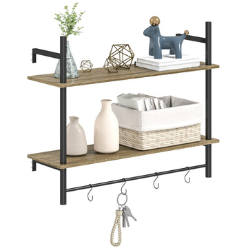 Wall Mounted Floating Shelves with 4 Hooks, Rustic Wall Shelf Unit for Living Room, Entryway, Grey
