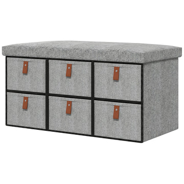 Shoe Bench with Seat, Shoe Storage Bench with Cushion and 6 Fabric Drawers for Entryway, Hallway, Living Room, Bedroom, Light Grey