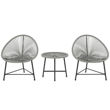 3 Pieces Rattan Bistro Set, Garden Bistro Set with Acapulco Chairs and Glass Top Table, Small Garden Furniture Set with Reinforced Metal Frame for Outdoor, Patio, Balcony, Grey