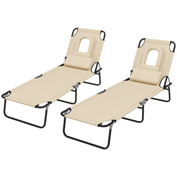 Outdoor Folding Sun Lounger Set of 2 with Face Hole, 4 Level Adjustable Backrest Reclining Garden Lounger, Garden Recliner Sunbed with 600 D Oxford Cloth Seat and Pillow for Beach, Sand