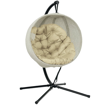 Hanging Egg Chair Outdoor Indoor Garden Swing Chair with Folding Basket, Garden Hanging Chair with Stand, Thickened Cushion, Cup Holder for Patio, Balcony, Khaki