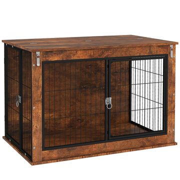 Dog Crate Furniture with Flip-up Top, 2 Doors, for Large Dogs, 98 x 60 x 65.5cm, Rustic Brown