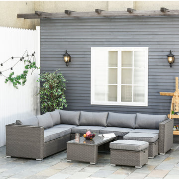 6 Pieces Outdoor PE Rattan Wicker Corner Sofa Set with 10cm Thick Padded Cushions, Aluminium Conservatory Furniture with Glass Top Coffee Table, Footstools, Grey