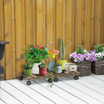 30L x 30W x 7Hcm 2 Pack Plant Stand with Wheels, Flowerpot Holder, Wooden Flower Display Stand for Indoor Outdoor Living Room Entryway