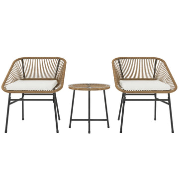 3 Pieces Rattan Bistro Set, Wicker Small Garden Table and Chairs Set with Cushions and Glass Top Coffee Table, Bistro Garden Furniture Set for Outdoor, Patio, Balcony, Natural