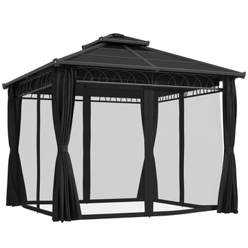 3 x 3 (m) Outdoor Polycarbonate Gazebo, Double Roof Hard Top Gazebo with Galvanised Steel Frame, Nettings & Curtains for Garden, Lawn, Patio and Deck, Dark Grey